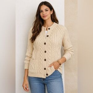 Vintage Irish Aran Wool Cardigan Sweater Cream Ivory Knit Robert Scott Size 38
